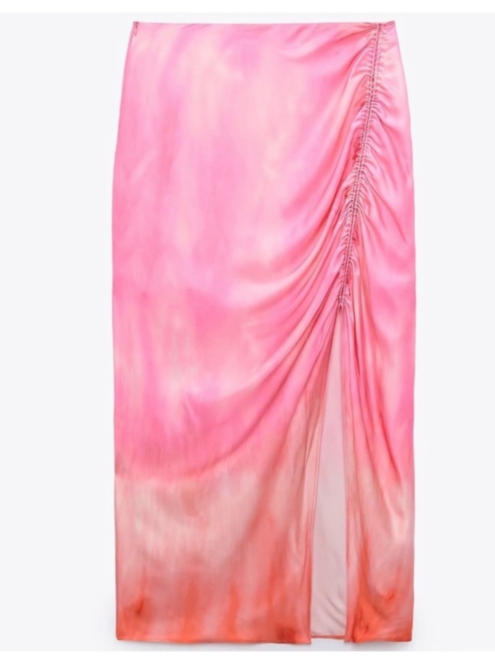 Zara Pink to Coral Ombre Midi Skirt with Side Ruching - Picture 1 of 4